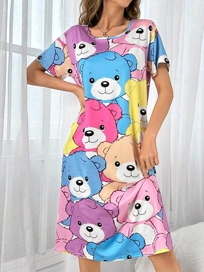 New Size Large Women's Pastel Teddy Bear All-Over Print Nightshirt (Buttery Soft!)