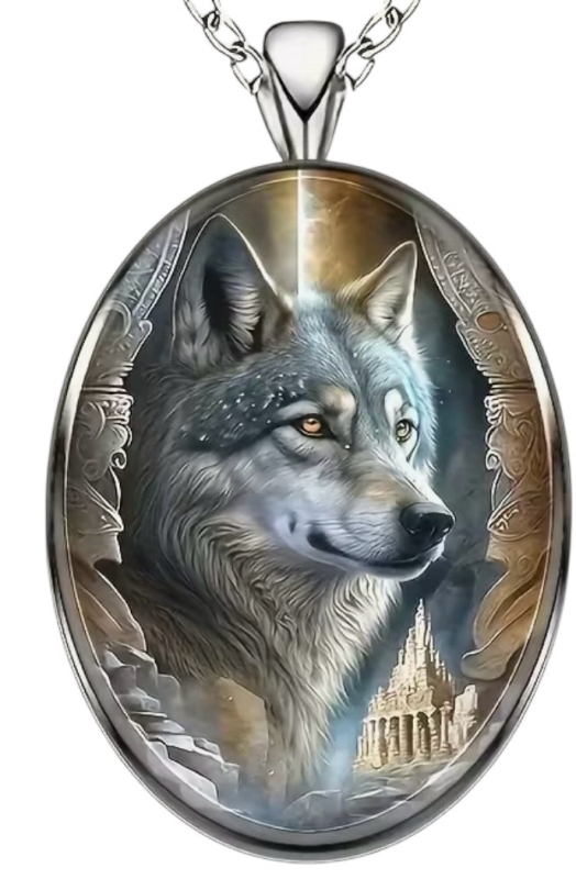 Unique Wolf & Cityscape Glass Pendant Necklace Intricate Wolf Design Pendant approximately 1.75 x 1.18 inch Chain 19.5 inch
