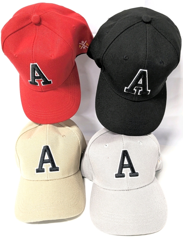 4 New Adjustable One Size Fits Most Adults Baseball Caps With Embroidered "A" Logo
