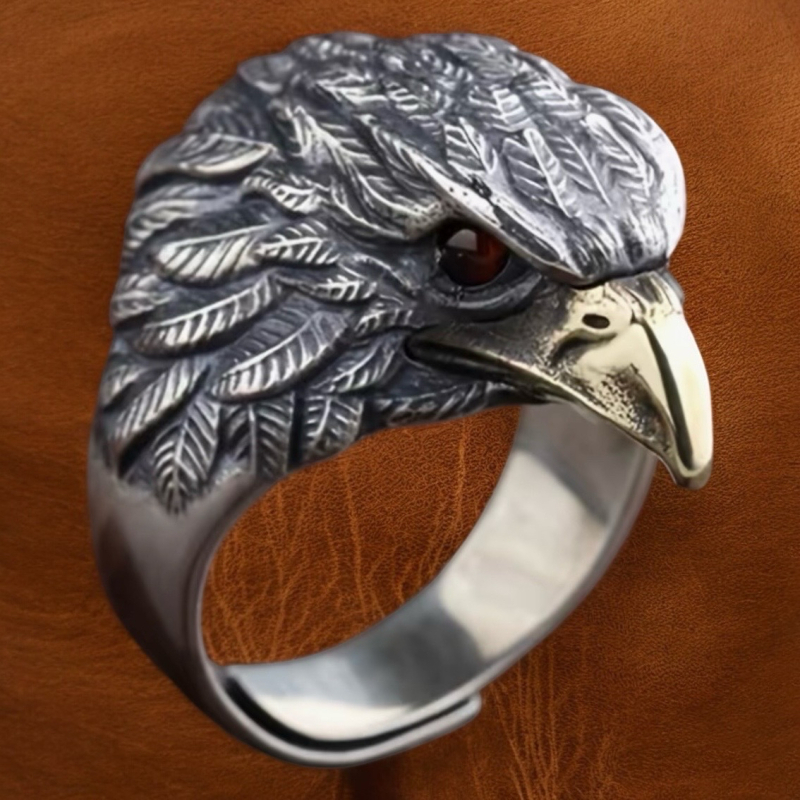Eagle Ring Vintage Distressed Detailing Red Cab Eyes Adjustable