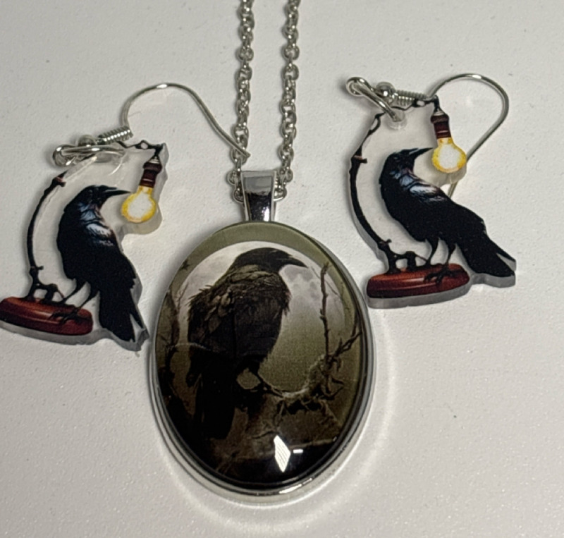 Oval Raven Capped Pendant with Chain / Raven Crow Table Lamp Acylic Sheppard Hook Earrings see description for more sizing