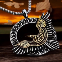 Vintage Norse Raven Celtic Knot Pendant Necklace Stainless Steel Intricate Swirling Design<br/>Approximately 1.75 x 1.40 inch Pendant Chain 23 inch