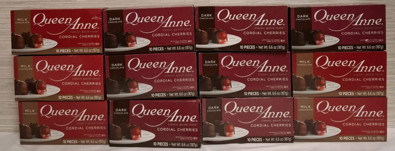 12 New Assorted Queen Anne Milk Chocolate & Dark Chocolate with Cordial Cherries Boxes | 10 Pieces per box | Net WT- 6.6 OZ per box | Measurements: 7.5" X 4" per box | Earliest Best Before - 21 August 2025 | Retails $60