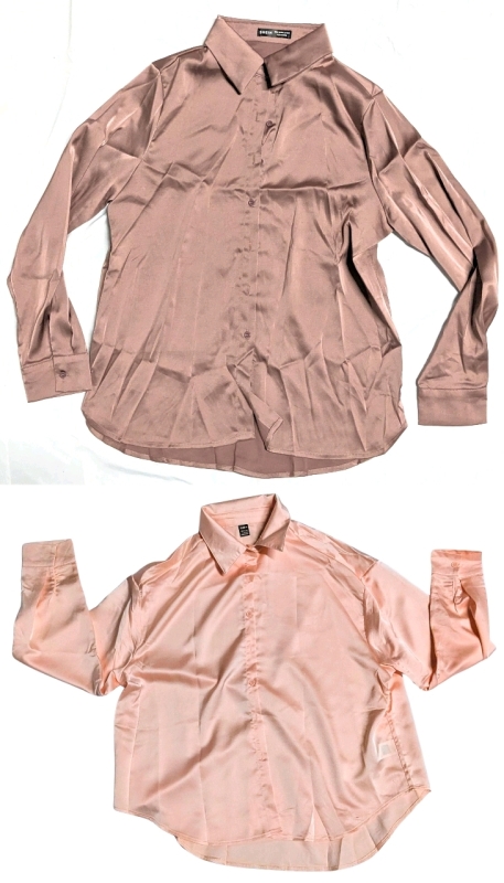2 New Size Large Women's Satin Long Sleeve Button-Up Blouses / Dress Shirts