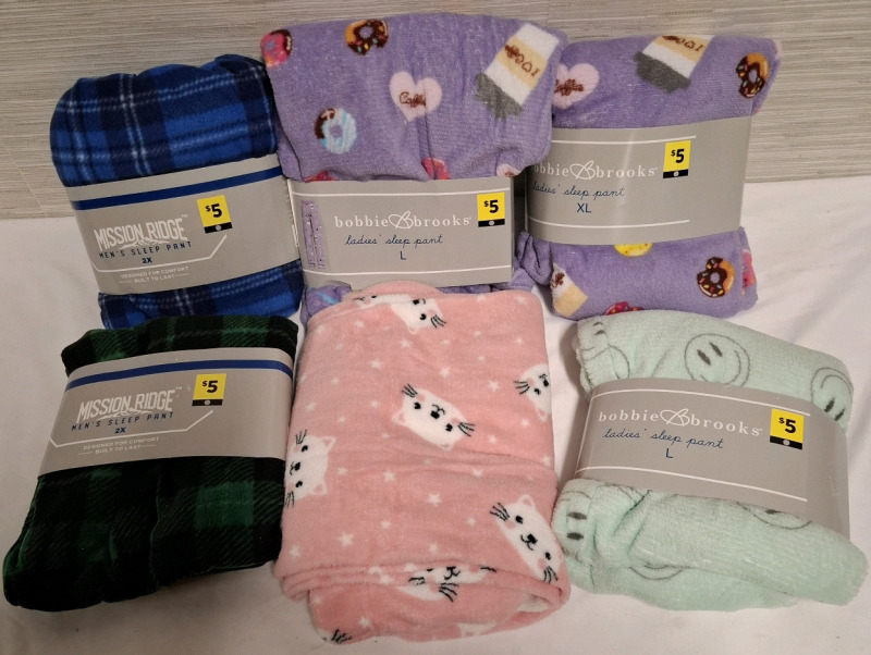 4 New Bobbie & Brooks Ladies Sleep Pants & 2 New Mission Ridge Men's Sleep Pants | Fabrics- 100% Polyester | Sizes Includes- L, XL & 2XL