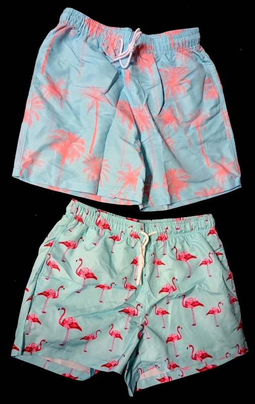 2 New Size Small Men's Drawstring Swimming Trunks : Palm Trees & Flamingos