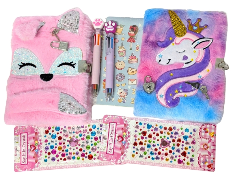 2 New Super Cute Unicorn & Pink Fox Faux Fur Diaries With Multicolor Pens, Stickers & Rhinestones - 6" &times; 8.25" Each