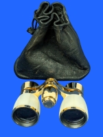 Stunning Vintage MINX Japan Mother of Pearl Opera Glasses / Binoculars With Leather Pouch - 4.5" Across