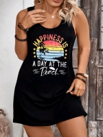 New Size 1XL Women's "Happiness is a Day At The Beach" Sleeveless T-Shirt Dress / Beach Coverup