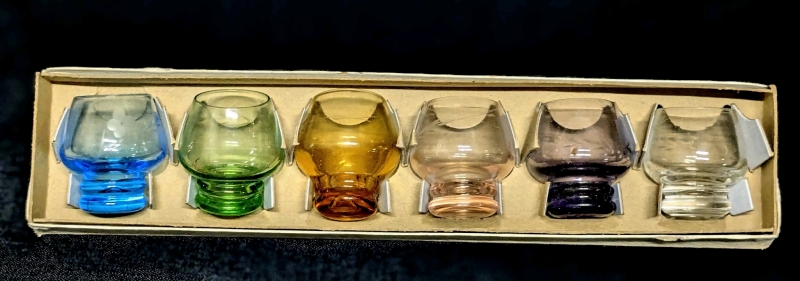 Lovely Vintage Set of 6 Colored Glass Sake Glasses with Etched Flower & Leaf Design in Original Box Bottom - 1.75" Tall Each, No Chips or Cracks