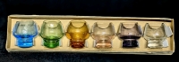 Lovely Vintage Set of 6 Colored Glass Sake Glasses with Etched Flower & Leaf Design in Original Box Bottom - 1.75" Tall Each, No Chips or Cracks