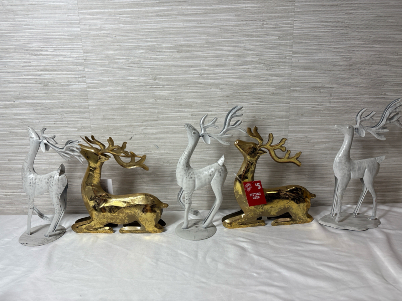 5 Holiday Style Sitting and Standing Deer | White and Gold Metal| Tallest Measures 12"