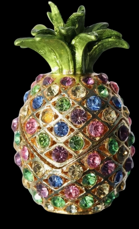 Stunning Metal Pineapple Rhinestone Trinket Box Colourful Gemstones Hinged Enamel Jewelry Chest Approximately 2.5 x 1.5 Inch Pineapple Rhinestone Stud Earrings 1.22 Inch