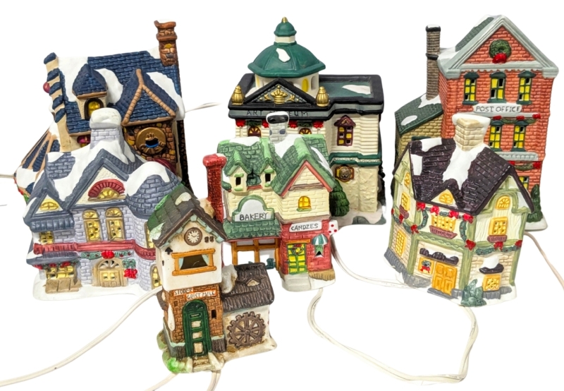 7 Holiday Time / Christmas Village Buildings Ceramic : All Tested for Power - 5" - 7.25" Tall