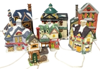 7 Holiday Time / Christmas Village Buildings Ceramic : All Tested for Power - 5" - 7.25" Tall