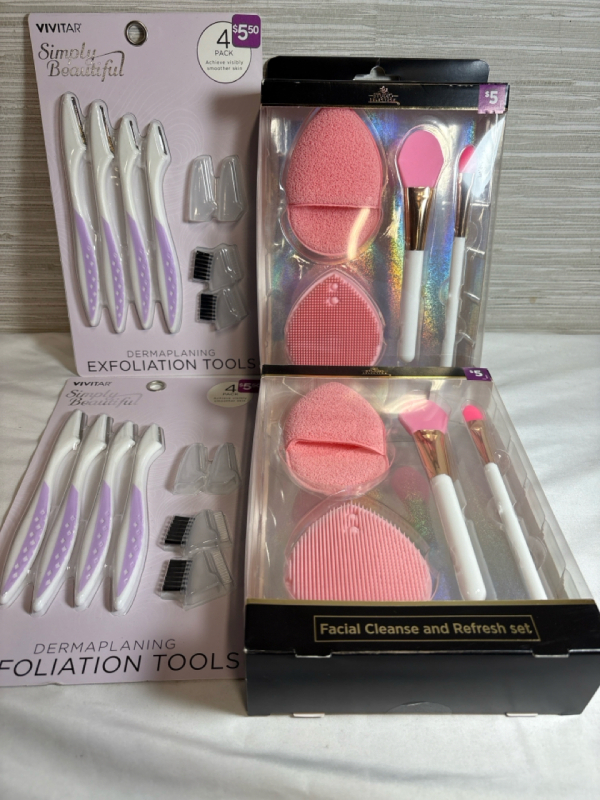 4 New Assorted lots includes 2 New Sets of Vivitar 4 pack Dermaplaning Exfoliation Tools | 2 New Studio Selection Facial Cleanse and Refresh Set