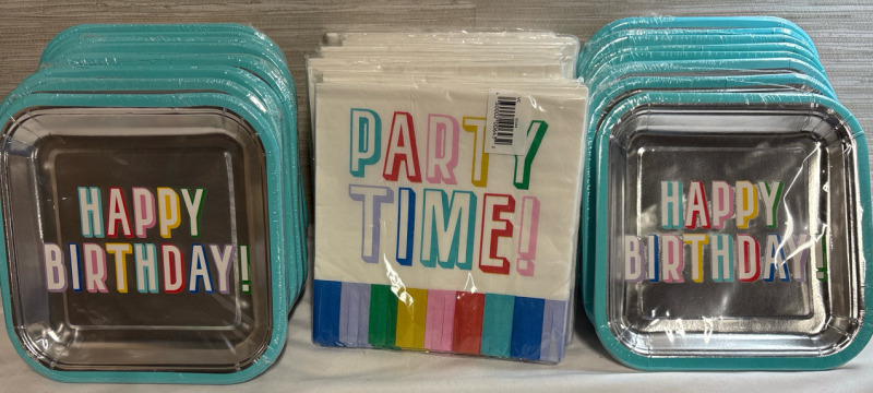 30 New party stuff includes 19 New Assorted Foil Plate Set (8CT. 17.4cm) | 11 New Party Time Napkins (16CT. 2-PLY)