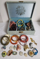 Vintage Jewelry Box Full w/Vintage jewelry . Bangles , Earrings , Brooches , Pins . Case includes key