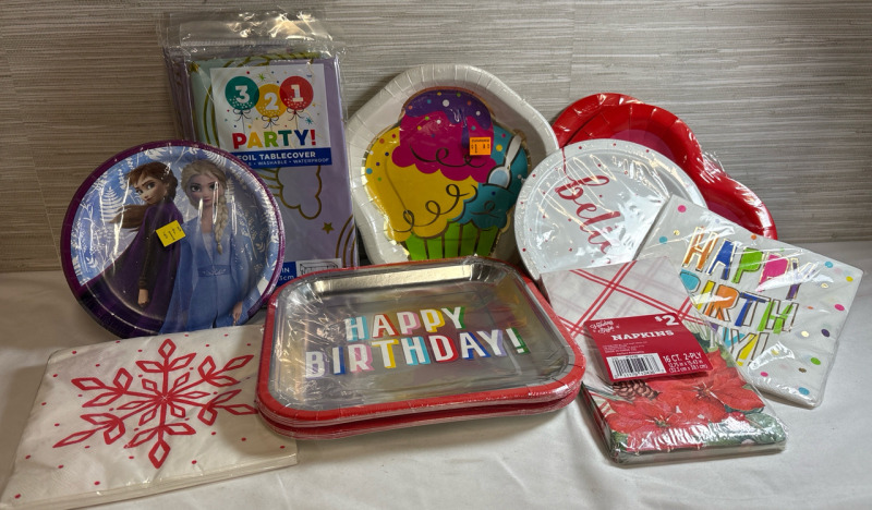 25 Assorted Party Foil Table Cover | Foil Plates | Paper Napkins