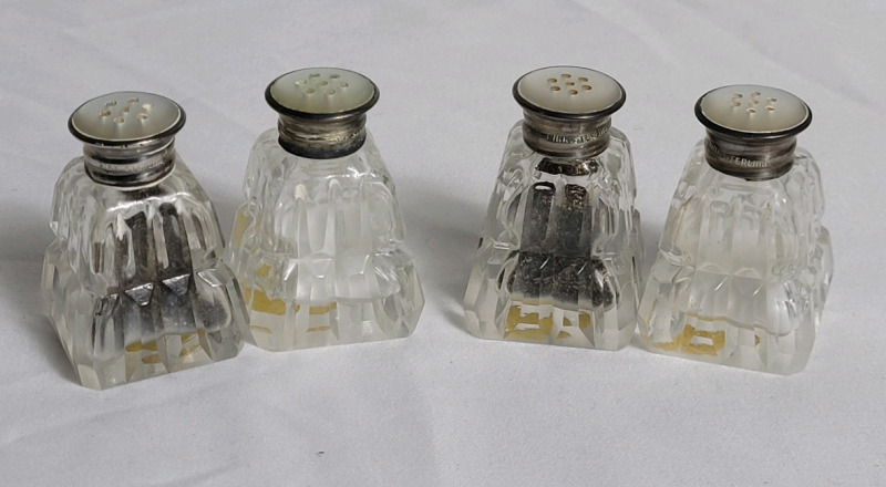 Two (2) Sets BIRKS Sterling w/Mother of Pearl Insert Crystal Salt & Pepper Shakers