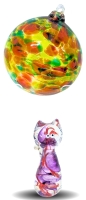 Adorable 4" Cartoon Art Glass Cat Made in Canada & Blown Glass Suncatcher / Friendship Ball - Approx 4.5" Tall