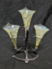 WOW!! Victorian Rare Triple Horn Vaseline Uranium Glass Epergne / Bud Vases in Presumed Silver Plated Holder - 10.25" Tall - 2
