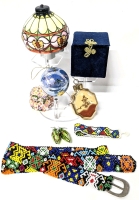 Vintage to Modern Treasures! Li Bien Inside Painted Ornament with Box, Handpainted Ornament, Tiffany-Style Ceramic Night Light, Christmas Lights Earrings, Intricately Beaded Belt & Bracelet