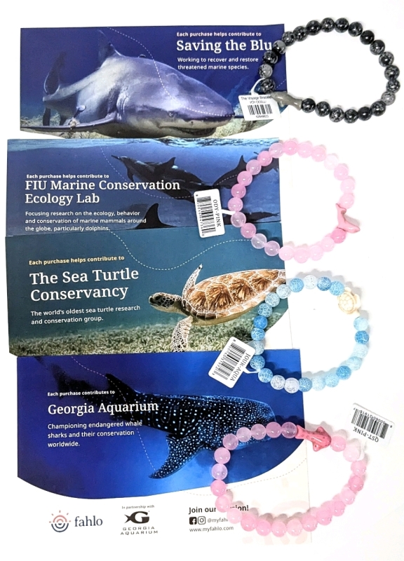 4 New FAHLO Conservation Polished Semi-Precious to Man-Made Stone Expansion Bracelets With Tracking QR Codes : Leatherback Turtle, Whale Shark, Rough-Toothed Dolphin & Great Hammerhead Shark