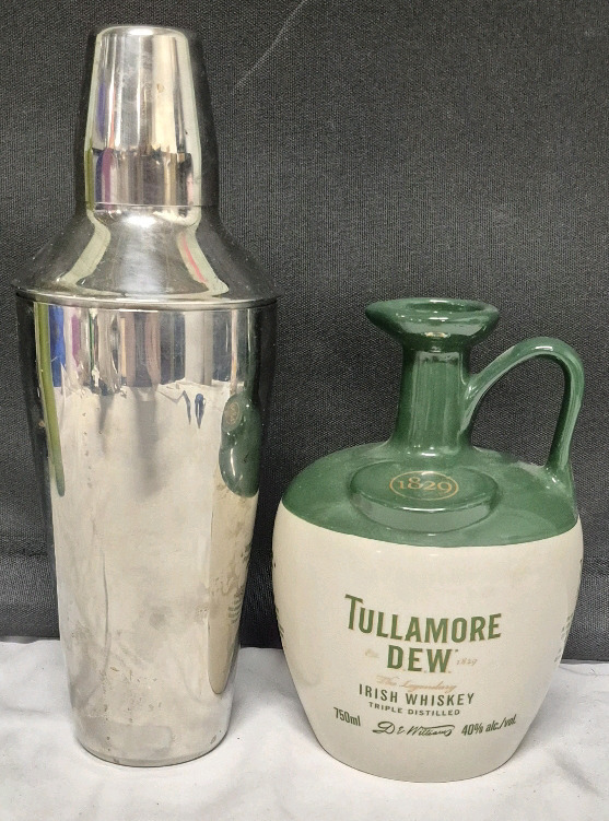 Vintage Tullamore Dew Irish Whiskey Jug 7" Tall & Cocktail Shaker 10" Tall