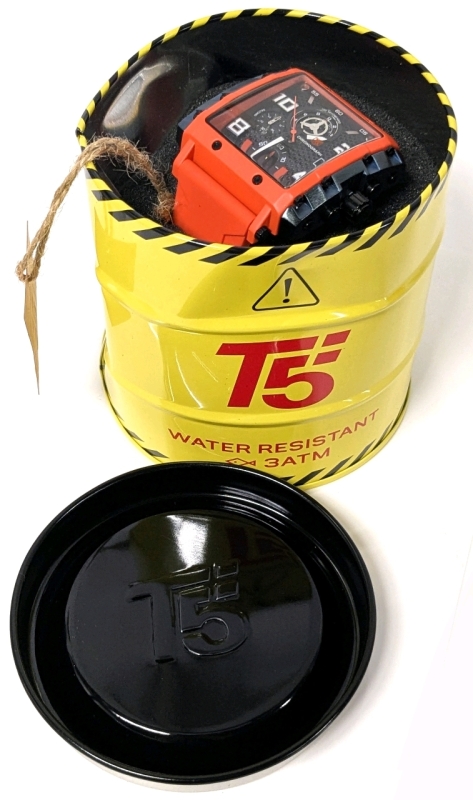 New Men's T5 Chronograph Square Dial Watch With Silicone Strap & Gift Tin (Tin Dented in Transit)