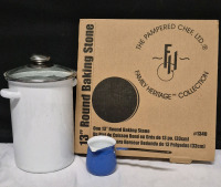 Great Kitchen Lot - Enamel Asparagus Streamer, 13" Round Baking Stone Pampered Chef +