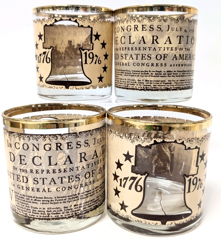 4 Vintage 1776-1976 Bicentennial Declaration of Independence Double Rock Glasses With Picture Windows - 3.25"D &times; 3.5" Tall