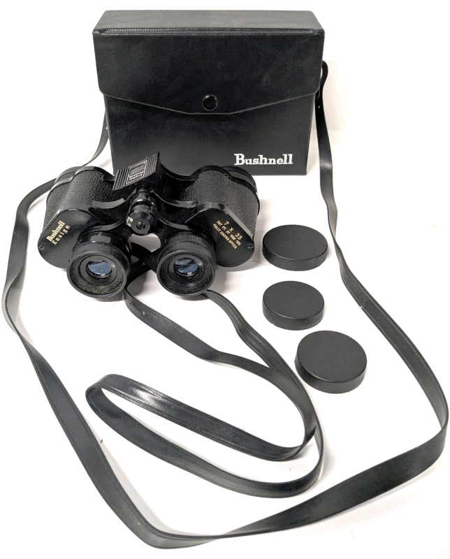 Vintage BUSHNELL Ensign Insta-Focus Binoculars 7 &times; 35, 357ft @ 1000Yds, Fully Coated Optics With Case & 3 of 4 Cover Caps - Made in Japan