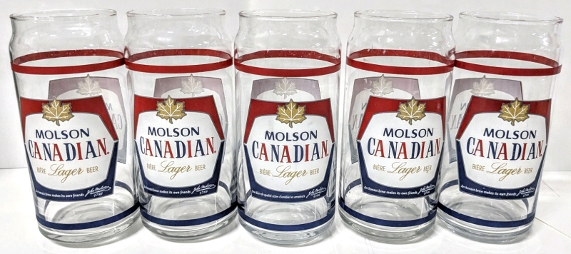 5 Vintage MOLSON CANADIAN Classic Logo Advertising Beer Can-Shaped Pint Glasses - 2.75"D &times; 6.5" Tall, No Chips or Cracks