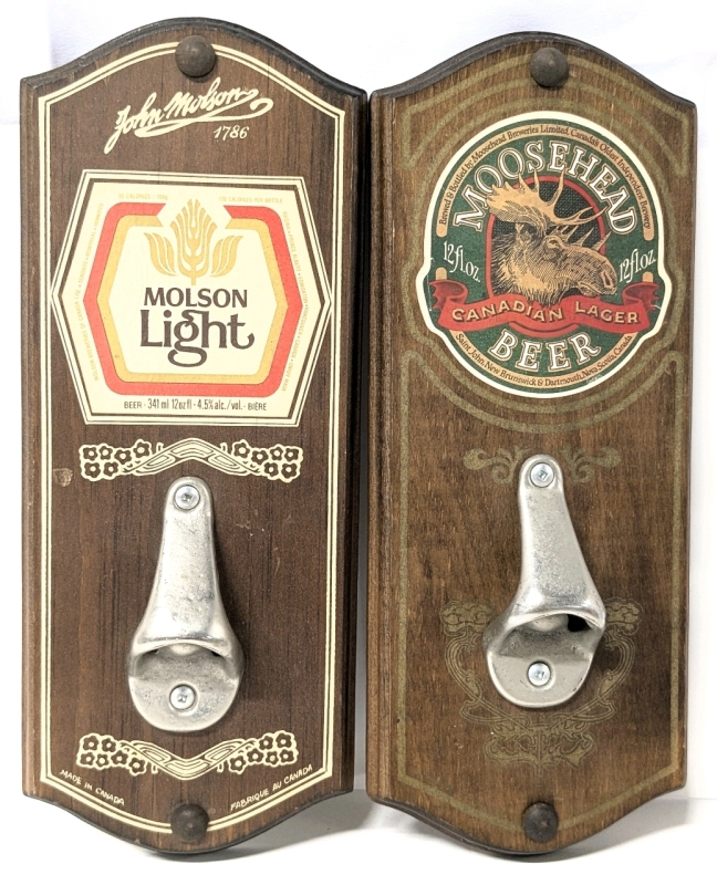 2 Vintage Advertising Wall-Mounted Bottle Openers : MOLSON Light & MOOSEHEAD - 5.25" &times; 13" Each, Made in Canada
