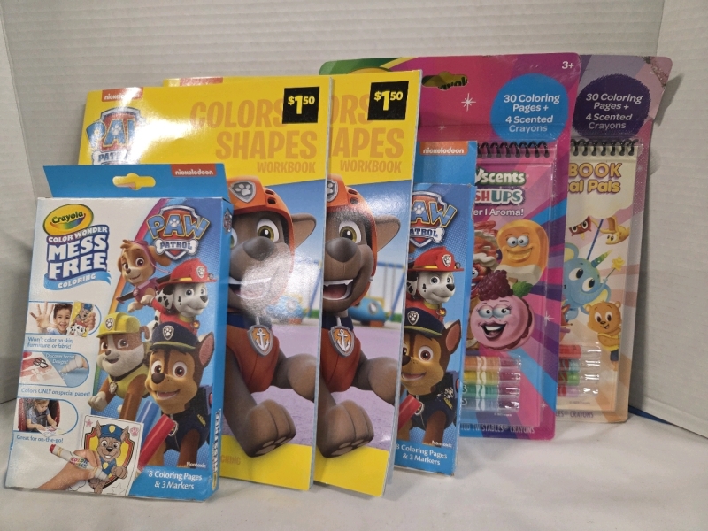 6 New | Kids Arts and Crafts Lot | Includes 2 Pawpatrol Workbooks, 2 paw patrol mess free colour wonder Packs, and 2 Crayola Silly Scents Activitie Packs