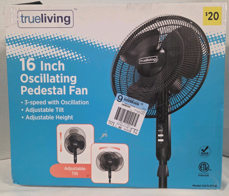 As New | True Living 16" Oscillating Pedistal Fan w/ 3 speed modes, adjustable Tilt & Height