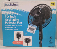 As New | True Living 16" Oscillating Pedistal Fan w/ 3 speed modes, adjustable Tilt & Height