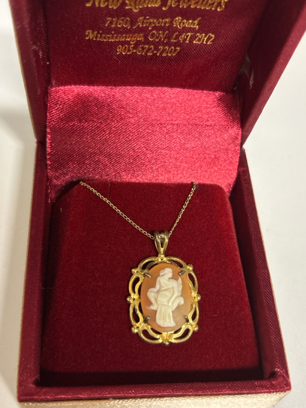Old Sterling Cameo Carved Shell With Original Chain Signed and Stamped Lady with Amphora