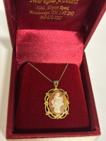 Old Sterling Cameo Carved Shell With Original Chain Signed and Stamped Lady with Amphora