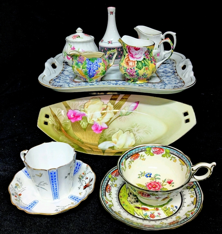 Assorted Tea Settings, Porcelain & Bone China : Coalport + Unknown Signed Tea Cups & Saucer, German R.S. Iris Plate, Royal Albert Vase, Grimwades Royal Winton Creamer, Bombay Tray +