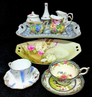 Assorted Tea Settings, Porcelain & Bone China : Coalport + Unknown Signed Tea Cups & Saucer, German R.S. Iris Plate, Royal Albert Vase, Grimwades Royal Winton Creamer, Bombay Tray +