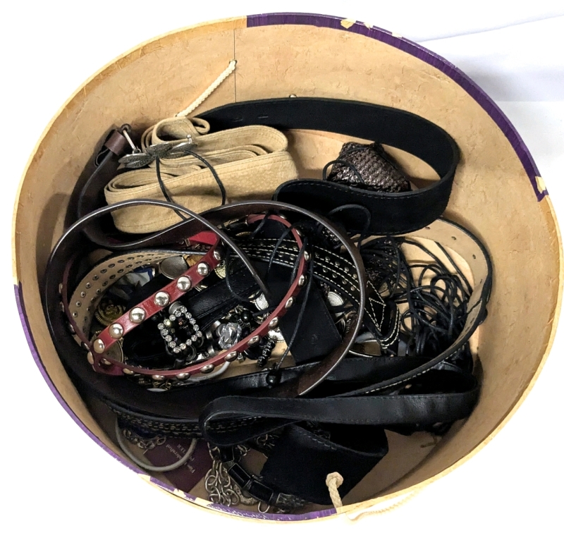 8 Assorted Vintage to Modern Belts Incl Genuine Suede, Genuine Leather + More in Round Iris Hat Box - Belts Approx 24.5" - 63" Long