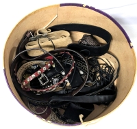 8 Assorted Vintage to Modern Belts Incl Genuine Suede, Genuine Leather + More in Round Iris Hat Box - Belts Approx 24.5" - 63" Long
