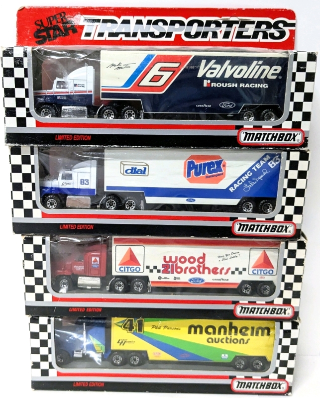 4 Vintage 1993 MATCHBOX Limited Edition Super Star Transporters : Citgo Wood Brothers, Manheim Auctions, Valvoline, Purex Detergent