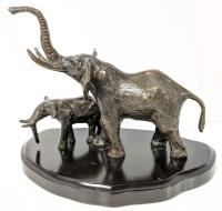 Double Elephant Bronze Statue on Base - 9.5" &times; 6.5" &times; 7.5" Tall