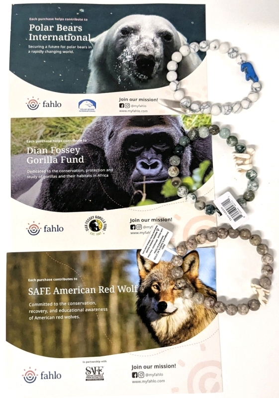 3 New FAHLO Conservation Polished Semi-Precious to Man-Made Stone Expansion Bracelets With Tracking QR Codes : Polar Bear, Silverback Gorilla, American Red Wolf