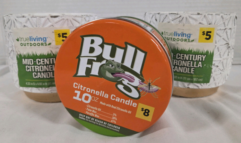 3 New | Citronella Candles | (2) 4.33" x 4.02" Mid-century Citronella Candles & (1) BullFrog 10oz Citronella Candle