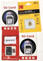 2 New 32GB 4K Camera Pro Memory SD Cards & 2 Micro SD Cards : 32GB Kodak UHS-I U3 V30 A1, 8GB Unbranded With Adapter (All Sealed)