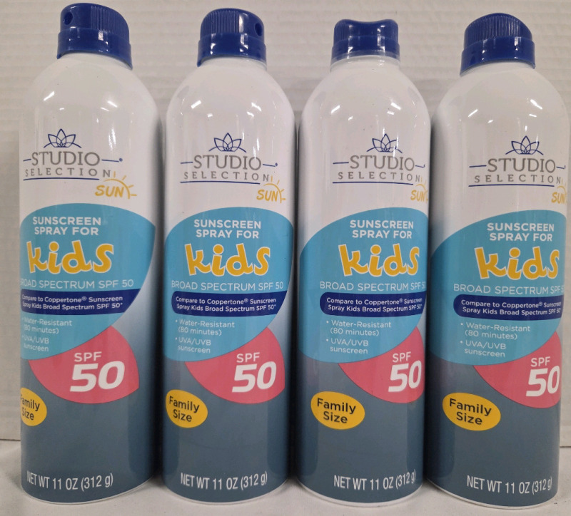 4 New | 312g Bottles of STUDIO SELECTION SPF 50 Sunscreen Spray For Kids